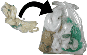 knotted plastic bags, placed inside another plastic bag