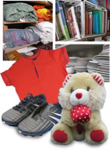 reusable clothing, shoes, stuffed animal, books & kitchenware